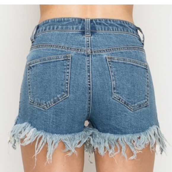 High waisted denim frayed blue jean shorts - Picture 6 of 6